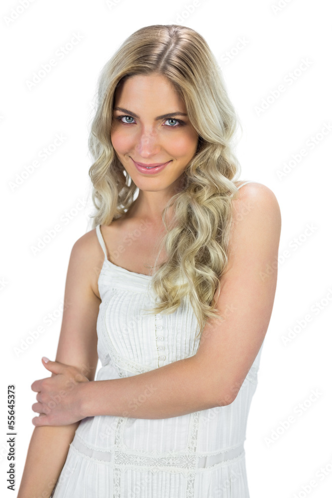 Content sensual blond woman posing touching her arm Content sensual blond woman posing touching her arm