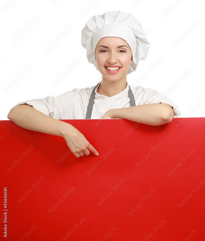 Happy woman cook or baker holding over paper sign billboard. Happy woman cook or baker holding over paper sign billboard.