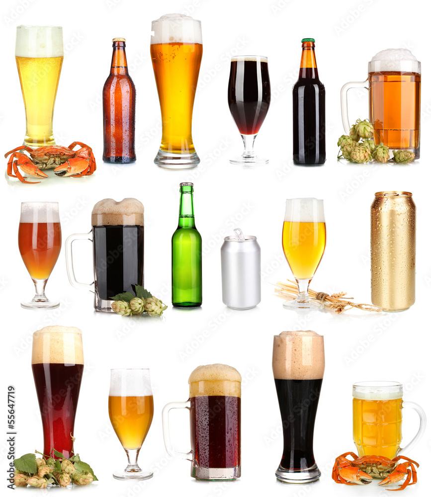 Lots of beer in different containers isolated on white Lots of beer in different containers isolated on white