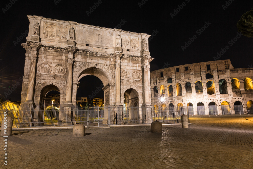 Colosseum and Arch of Triumph in Rome at Night