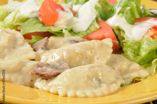 Chicken portabella ravioli with salad