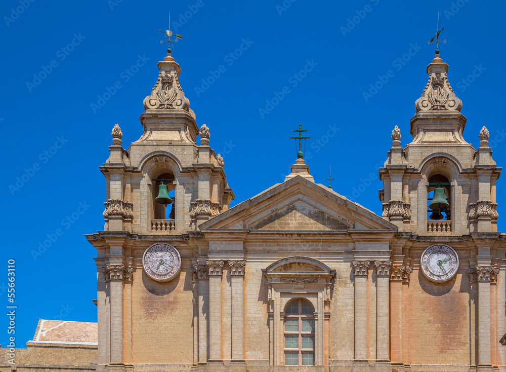 Detail of the St Paul’s cathedral towers in Mdina in Malta