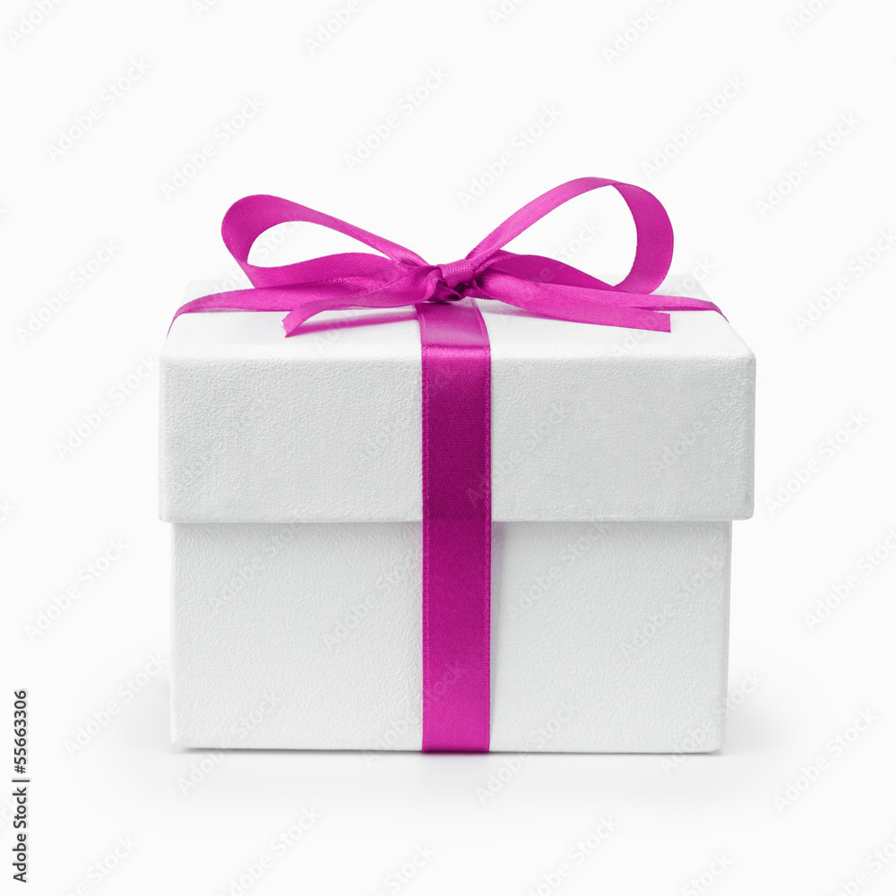 Obraz premium white textured gift box with purple ribbon bow