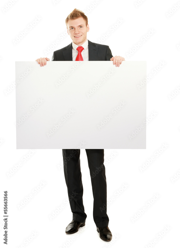 A business man with an empty blank, isolated on white background A business man with an empty blank, isolated on white background