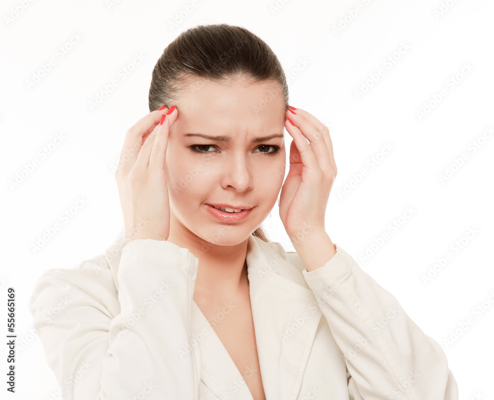 Young woman with head pain on white background Young woman with head pain on white background