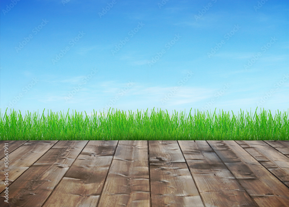 Wood floor and grass over sky background