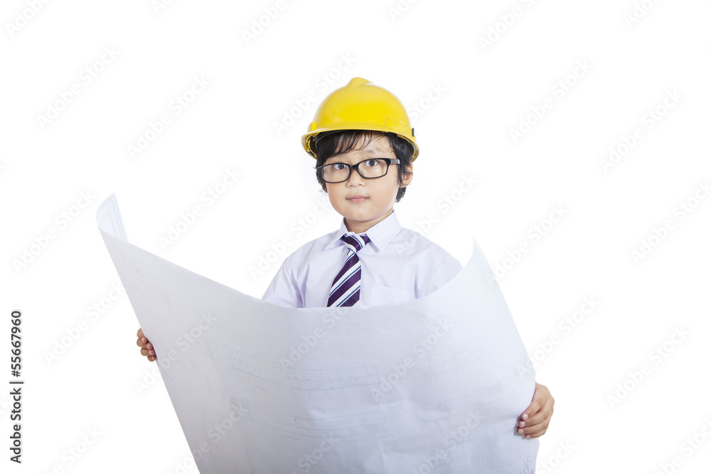 Close-up architect boy holding blueprint - isolated Close-up architect boy holding blueprint - isolated