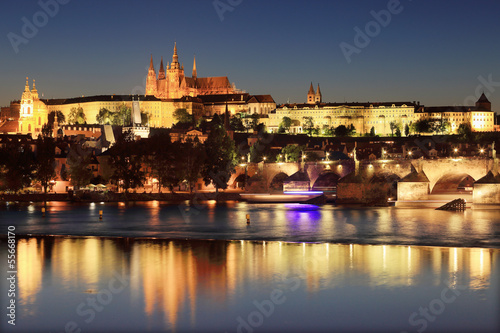 Night Prague gothic Castle with Charles Bridge  Czech Republic