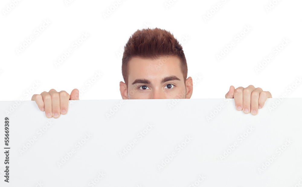 Attractive young man with a blank placard Attractive young man with a blank placard