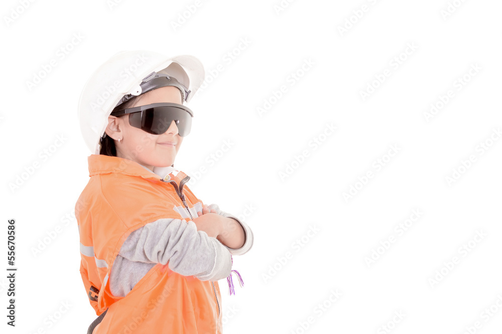 young girl construction worker in a hard hat and vest young girl construction worker in a hard hat and vest