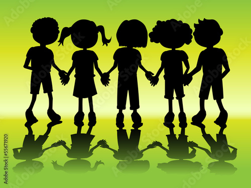 Kid silhouettes holding hands