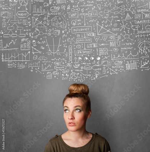 Young woman gesturing with sketched charts above her head