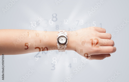 Hand with watch and numbers on the side comming out