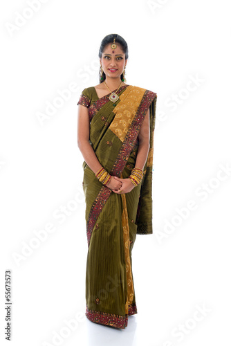 traditional indian woman in saree with white background full bod