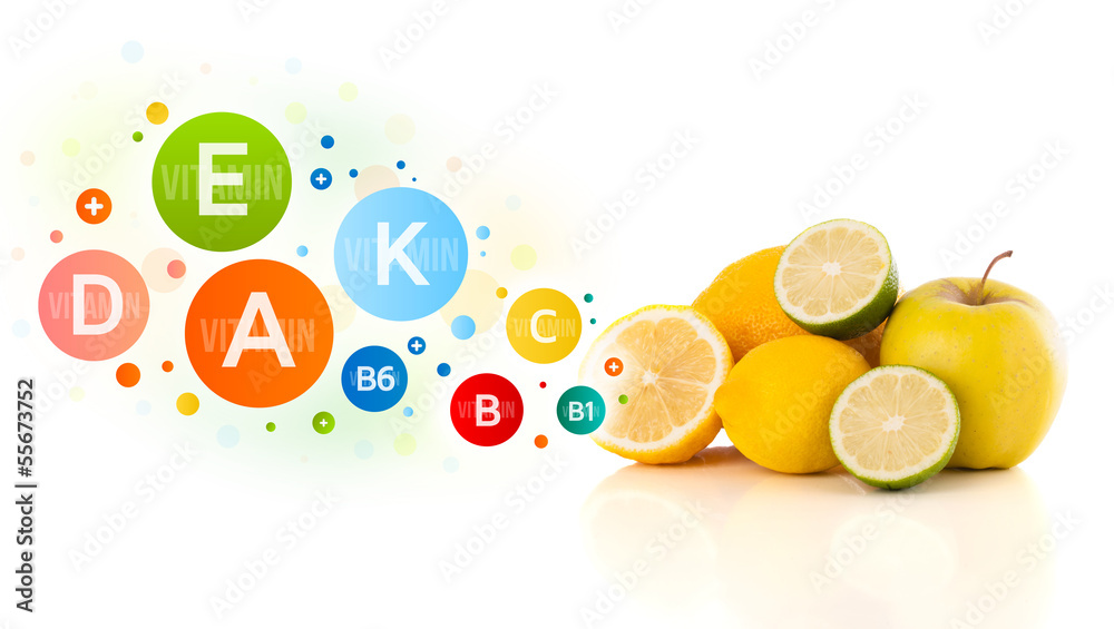 Healthy fruits with colorful vitamin symbols and icons Healthy fruits with colorful vitamin symbols and icons