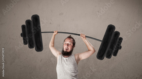 Funny skinny guy lifting weights