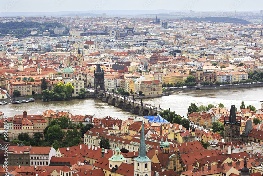 Vltava River and the Charles Bridge in Prague (View from the tow