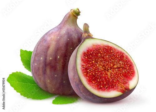 Isolated figs. Fresh fig fruits isolated on a leaf over white background