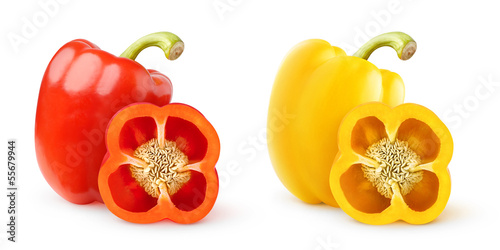 Isolated peppers. Two images of cut red and yellow bell peppers isolated on white background