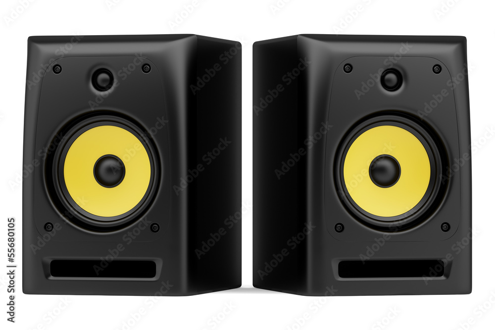 Fototapeta premium two black audio speakers isolated on white background
