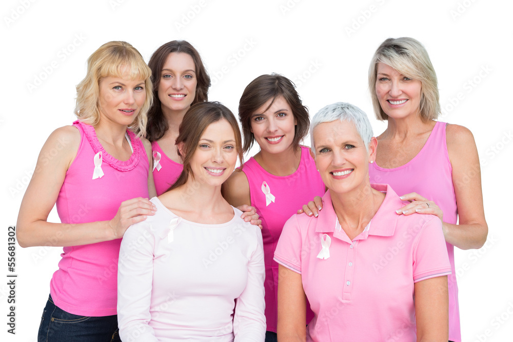 Happy women posing and wearing pink for breast cancer Happy women posing and wearing pink for breast cancer