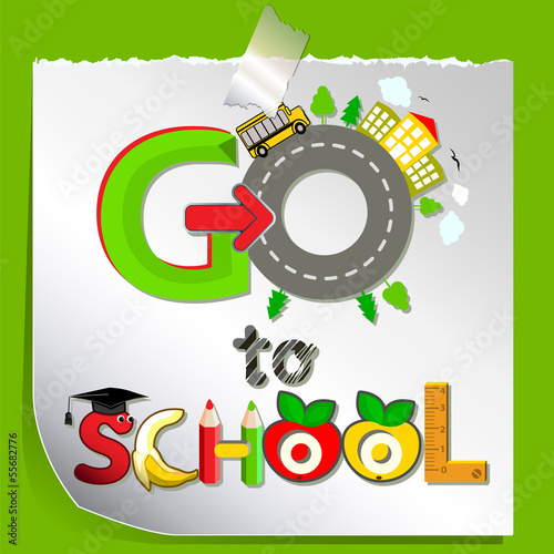 Funny card: "We go to school." Children's cheerful greeting