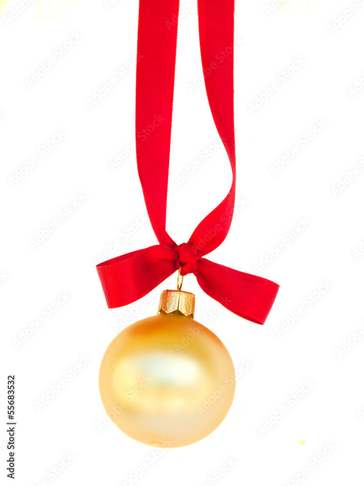 hanging gold ball with red bow