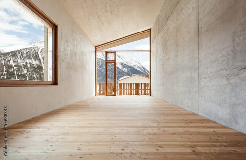 interior, modern house with wooden wall, large window