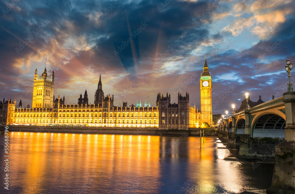 London.The Big Ben and Westminster Bridge at sunset, England London.The Big Ben and Westminster Bridge at sunset, England