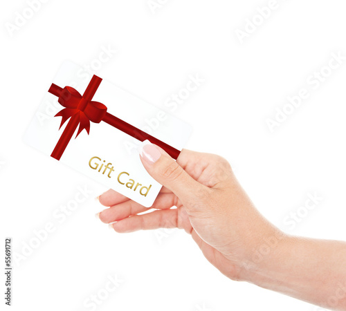 hand holding gift card isolated over white