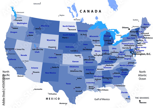 BLUE USA map with states and capital cities