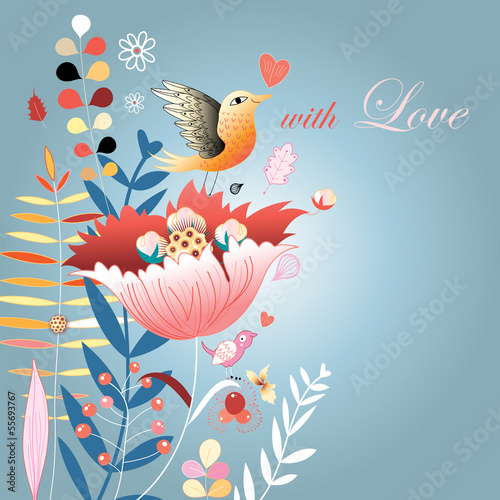 Autumn floral background with birds