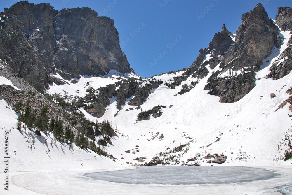 Frozen Emerald lake, Rocky Mountain National Park, CO, USA