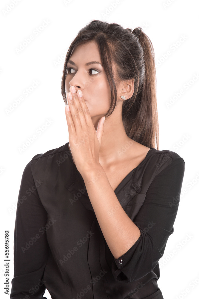 Frau schön erstaunt mit Hand vor dem Mund - Portrait Frau schön erstaunt mit Hand vor dem Mund - Portrait