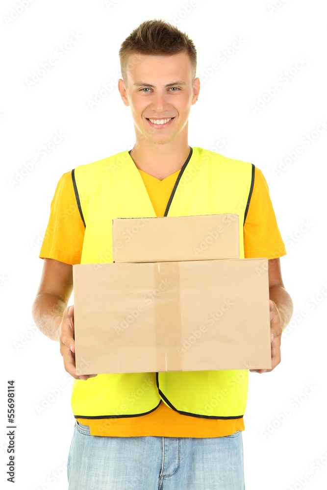 Young delivery man holding parcels, isolated on white Young delivery man holding parcels, isolated on white
