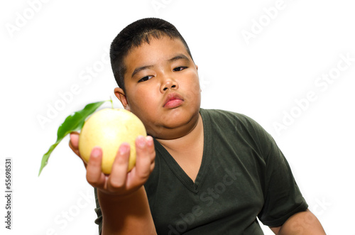 chubby boy holding pear  isolated on white