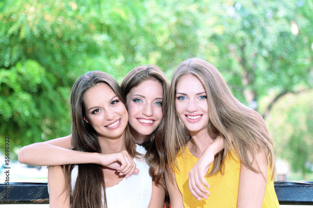 Obraz premium Three beautiful young woman sitting on bench in summer park