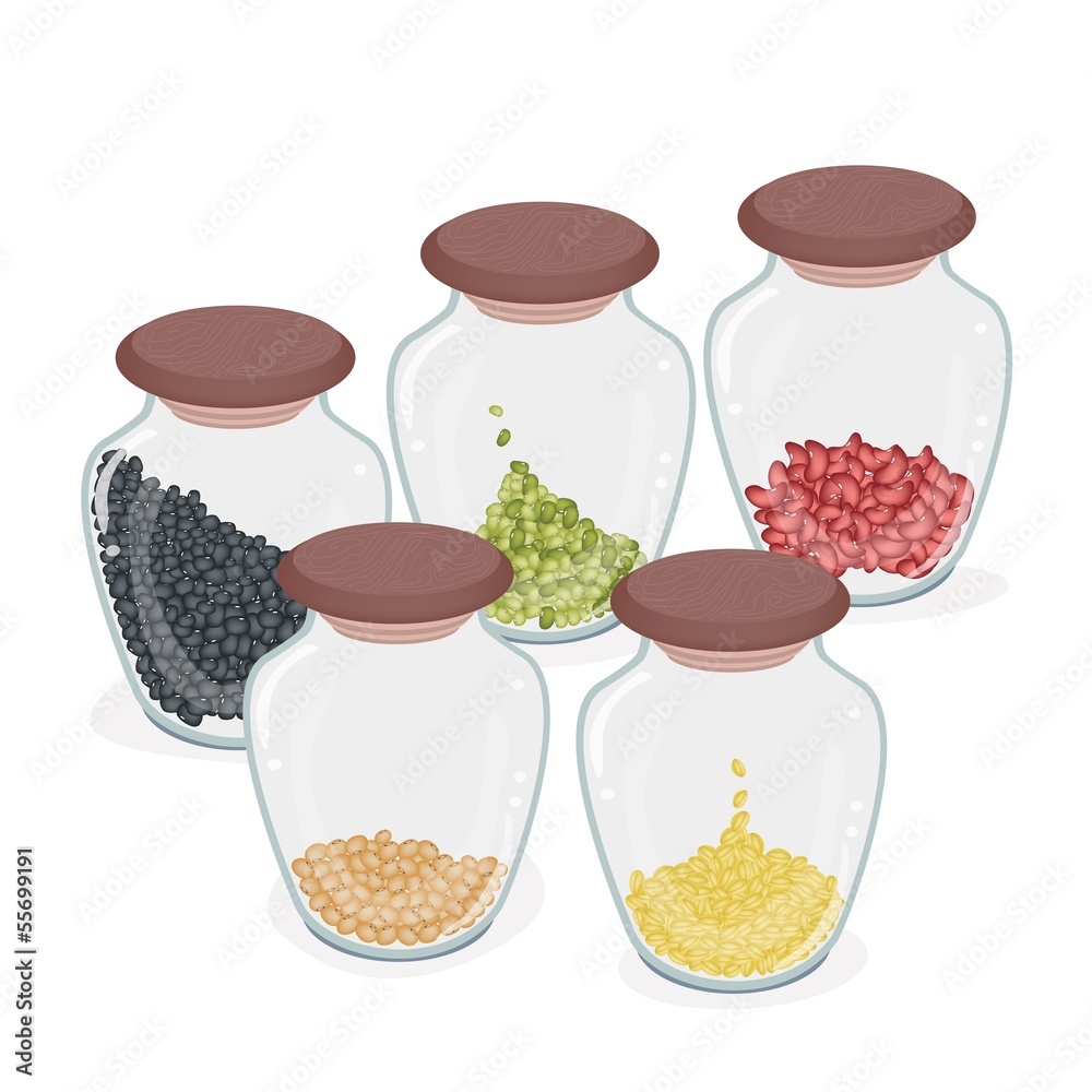 Five Bottles of Different Beans Isolated on White Background Five Bottles of Different Beans Isolated on White Background