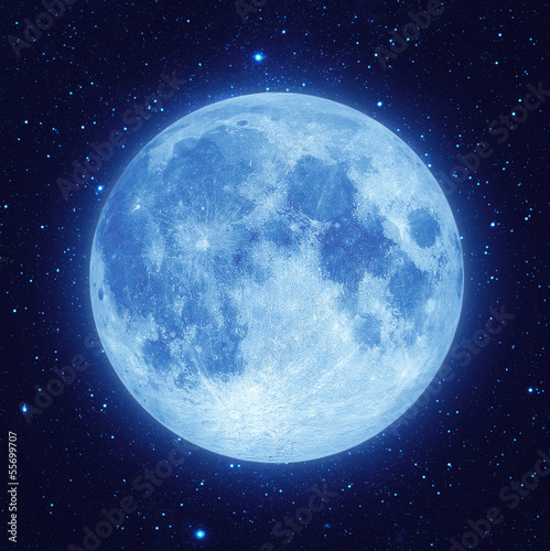 Full blue moon with star at dark night sky