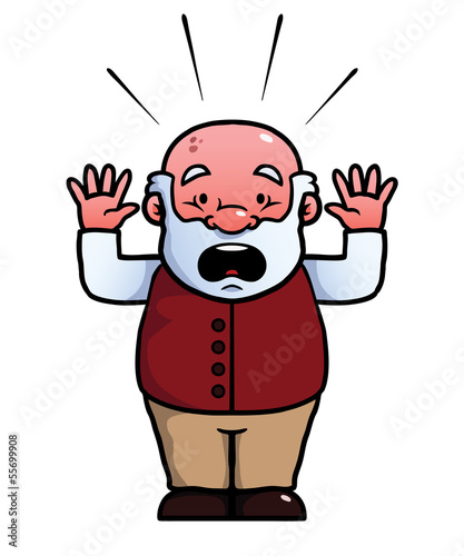 Old man being shocked with his hands up.