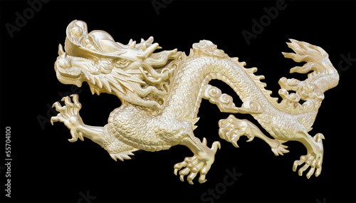 Golden Chinese Dragon carve isolate black background with clippi