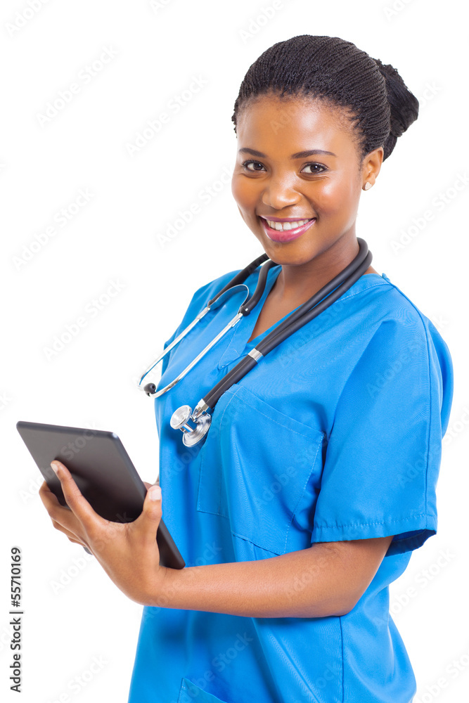 female african american medical nurse with tablet computer