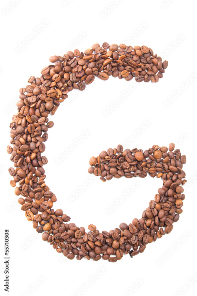 Letter G, alphabet from coffee beans on white background Letter G, alphabet from coffee beans on white background
