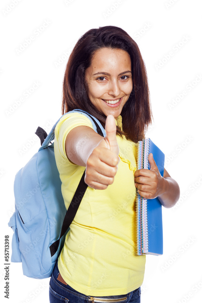 Happy smiling female student thumbs up, isolated on white backgr Happy smiling female student thumbs up, isolated on white backgr
