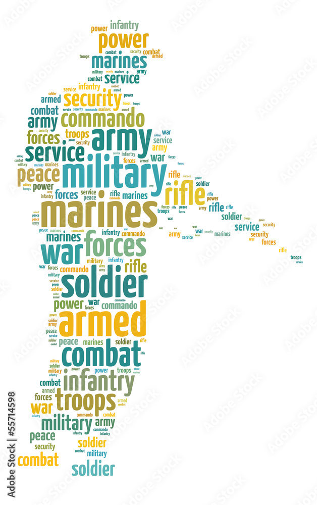 Words illustration of a soldier over white background