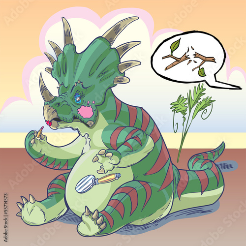 startled styracosaurus dinosaur applying makeup vector cartoon