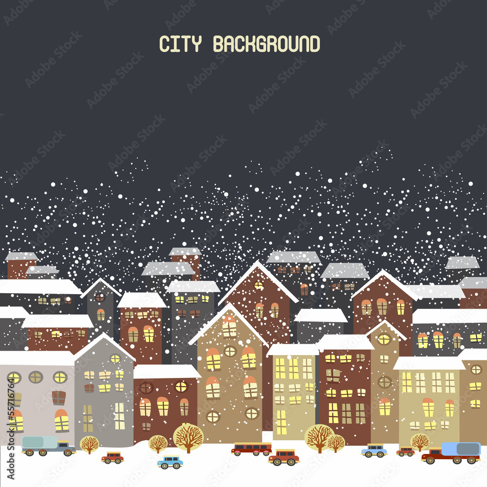 Vector illustration with winter city, falling snowflakes