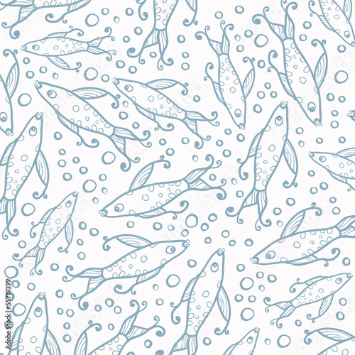 Vector seamless pattern of fish. Hand drawn texture