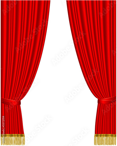 Red stage curtain isolated on white. Vector.