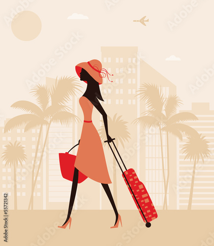Woman with a suitcase at the resort. Vector